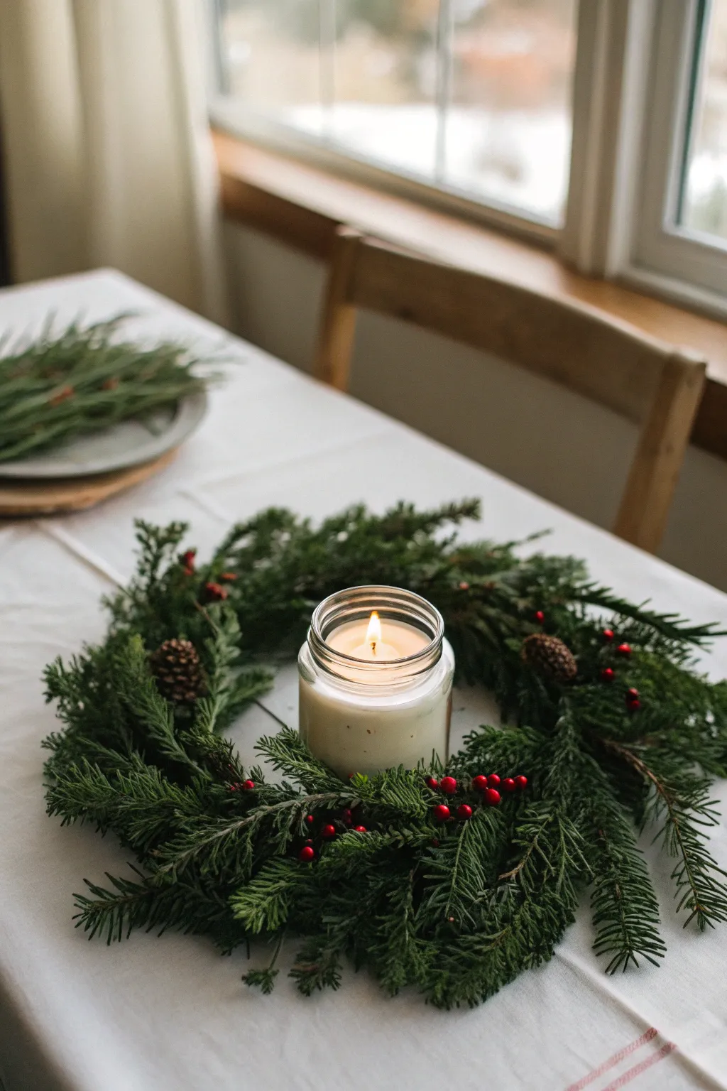 Small wreath laid flat with a candle jar centered inside on a clean tabletop
