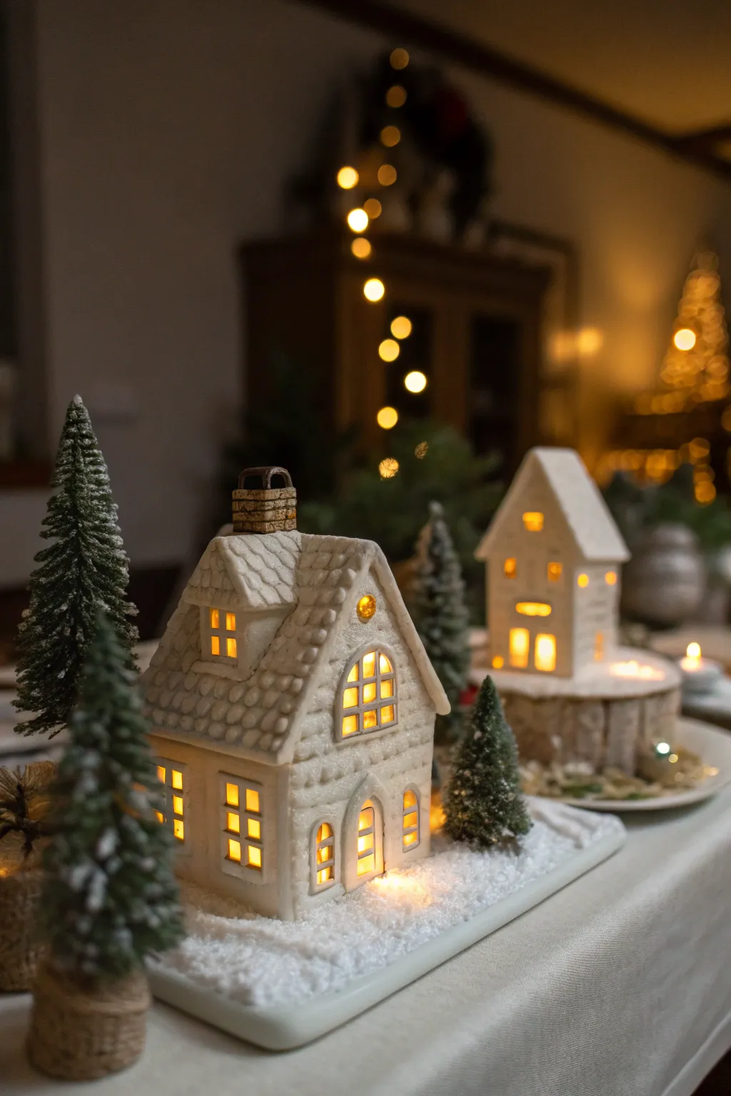 Ceramic holiday houses glowing softly from inside on a tabletop