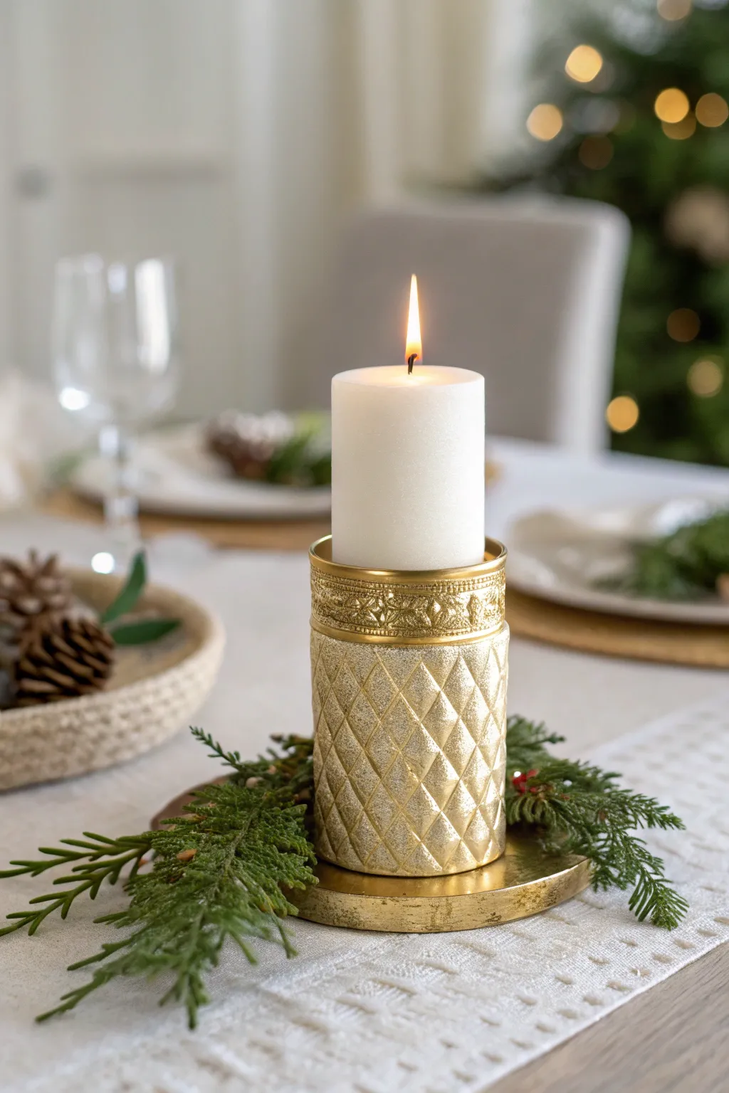 Gold-accented luxury candle with a sprig of greenery on a holiday tabletop