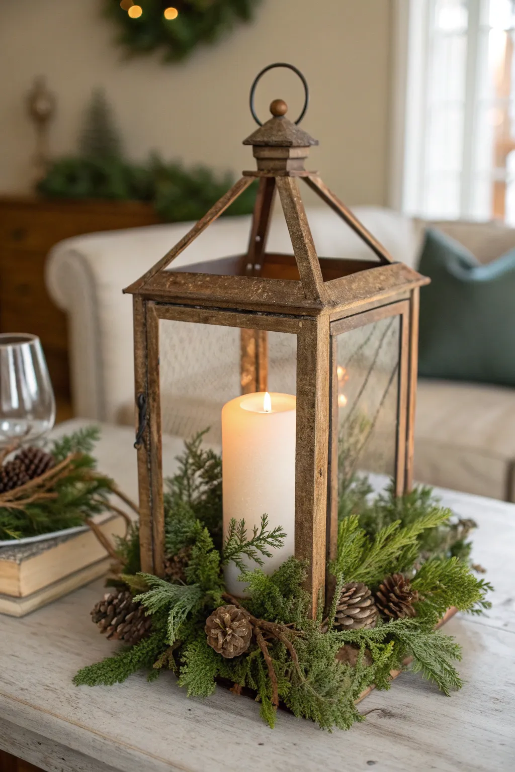 Farmhouse lantern filled with cedar greenery and a soft glowing candle