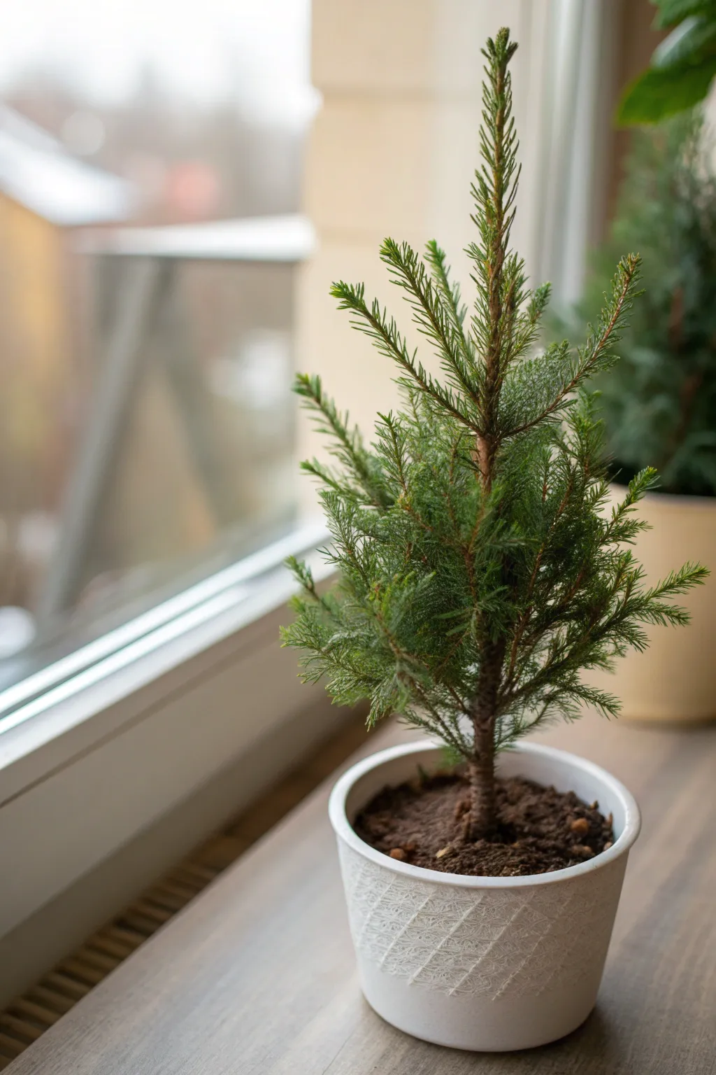 Mini tabletop evergreen tree in a simple pot with soft natural lighting