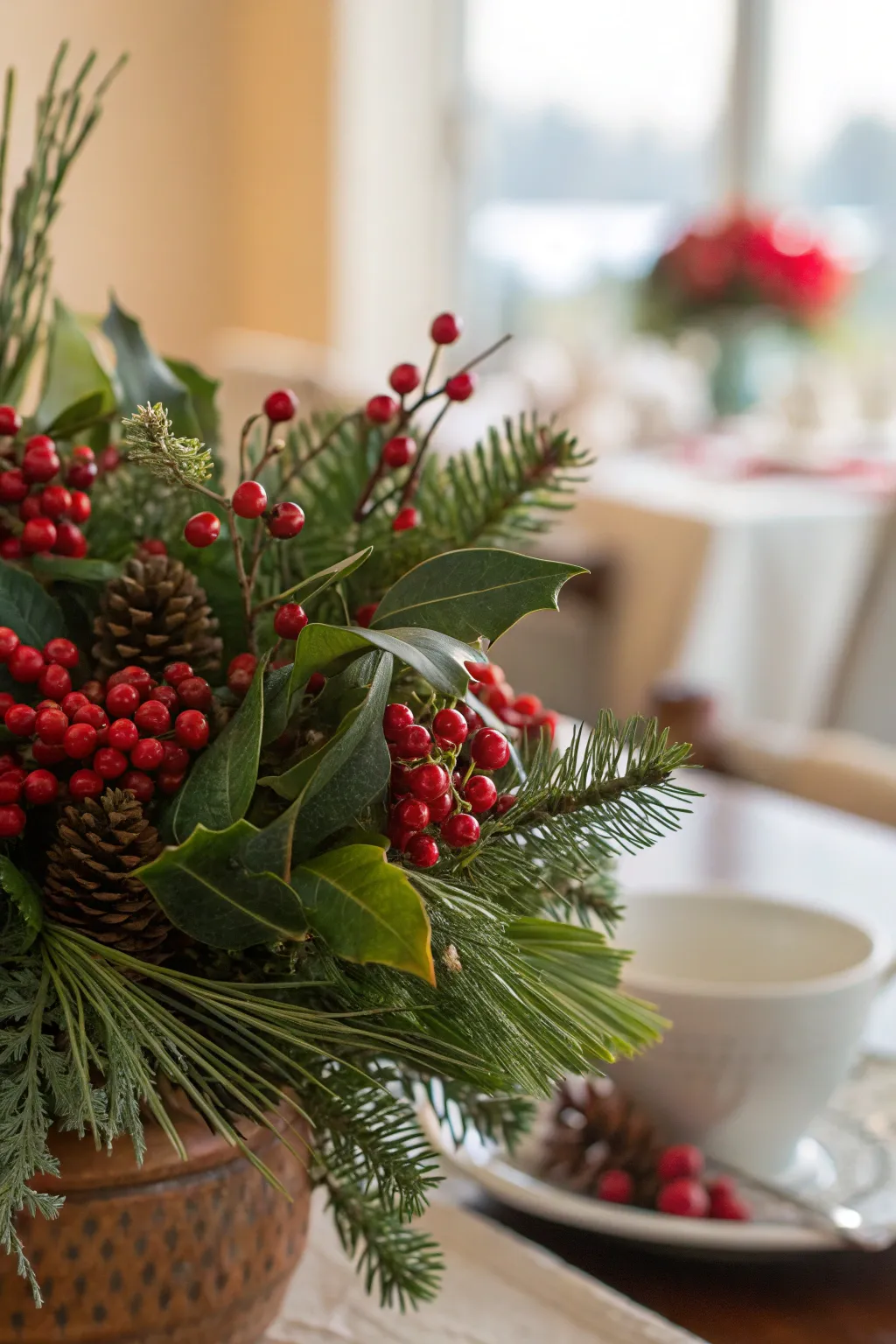 Low floral holiday arrangement with greenery and red berries on a tabletop