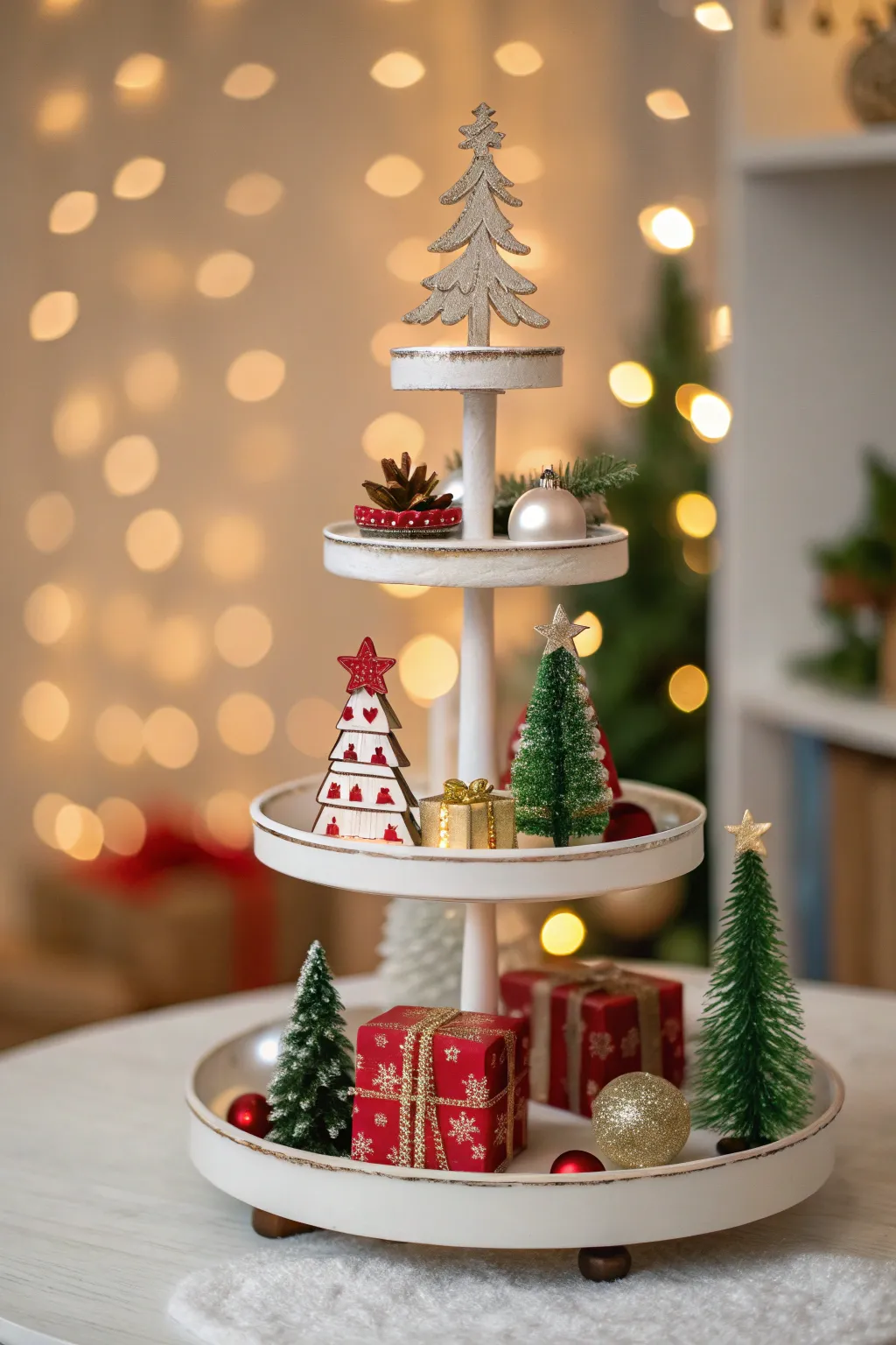 Tiered stand filled with small holiday decor pieces arranged vertically