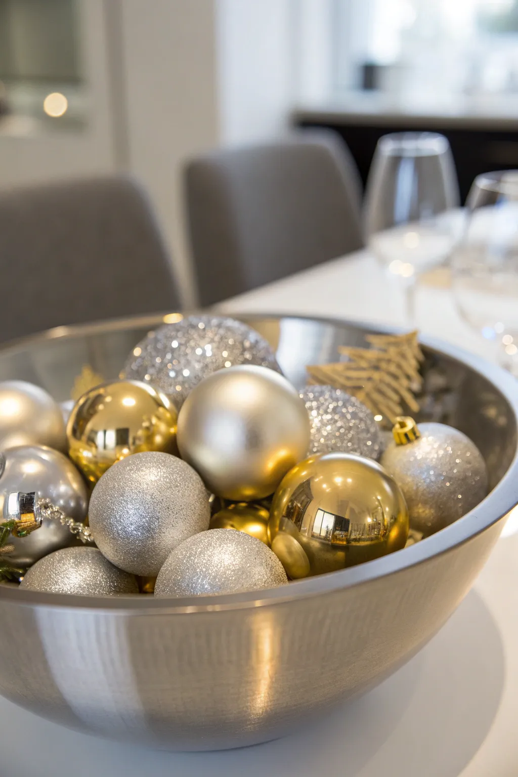 Metal bowl filled with silver and gold baubles creating a reflective holiday display