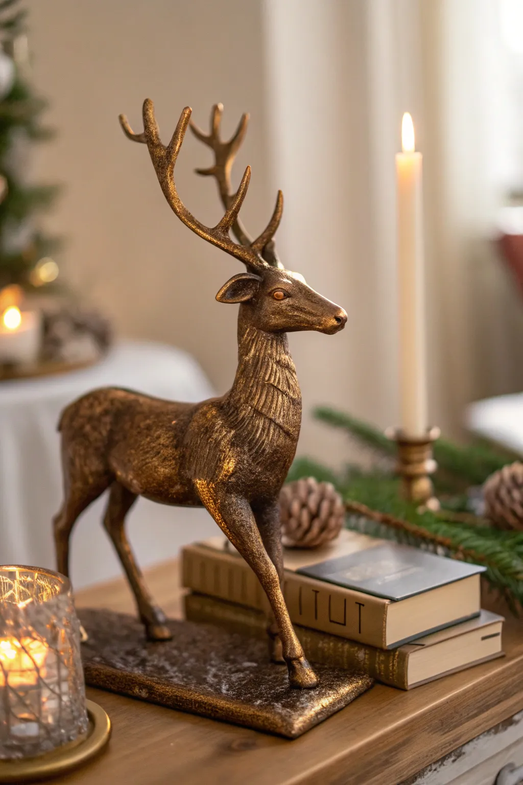 Vintage brass reindeer figurine on a tabletop with warm holiday lighting