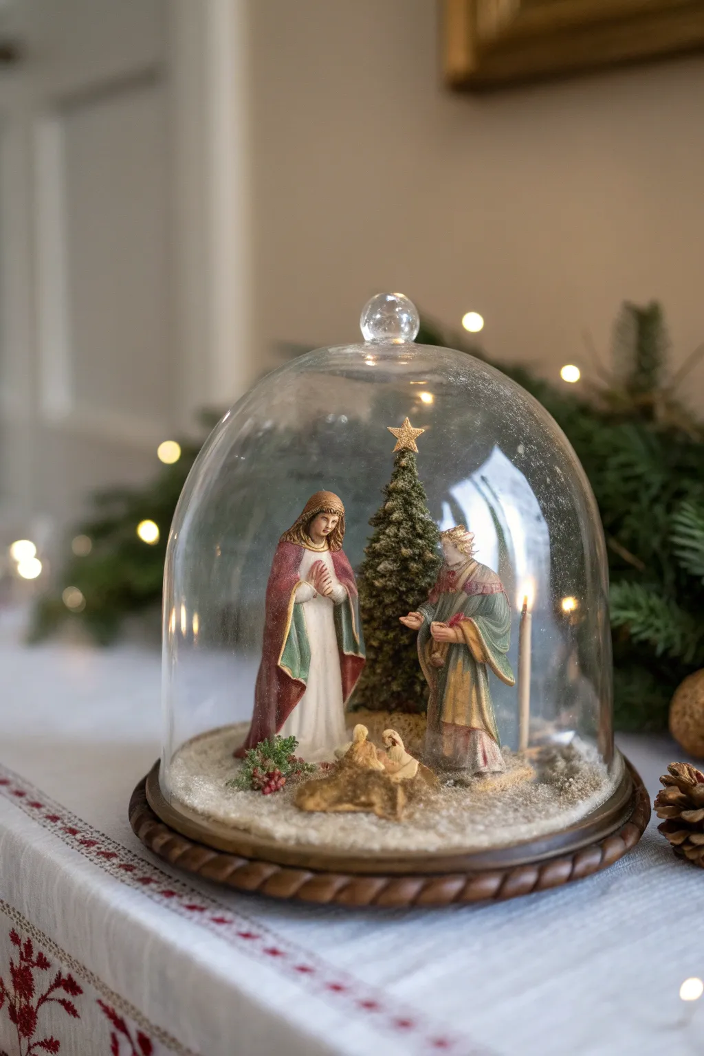 Mini nativity scene displayed under a clear dome on a tabletop