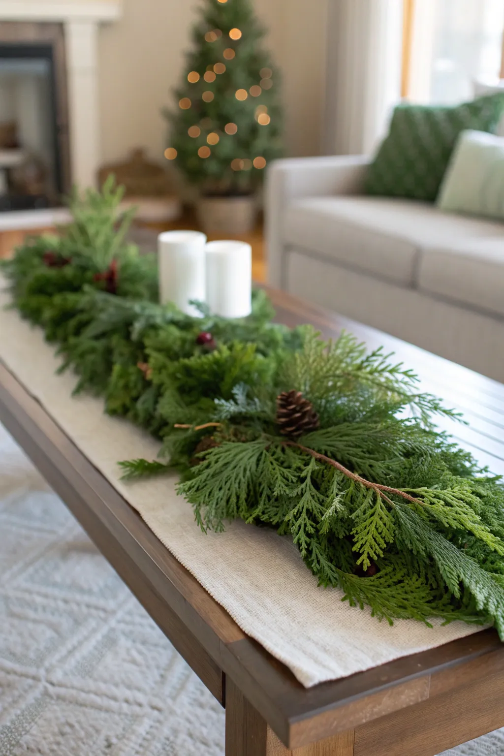 Short greenery runner lying across the center of a coffee table