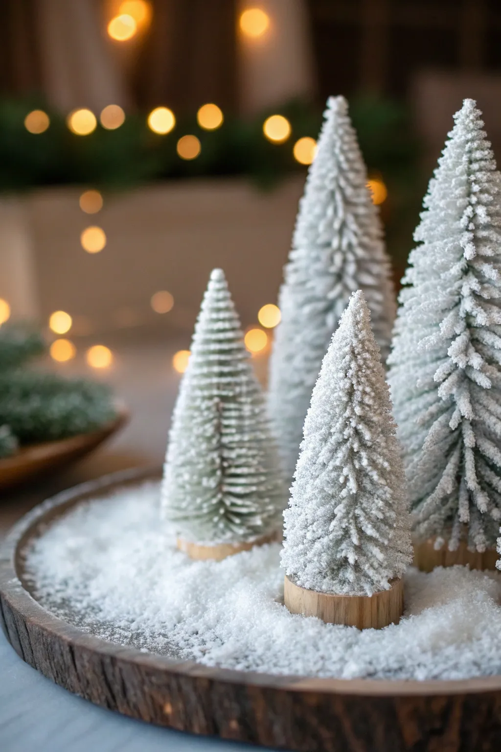Cluster of snowy bottle brush trees forming a small winter scene on a tabletop