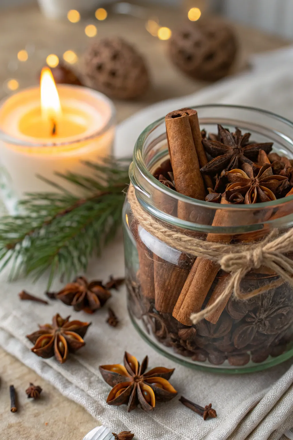Glass jar filled with holiday spices topped with a glowing tea light