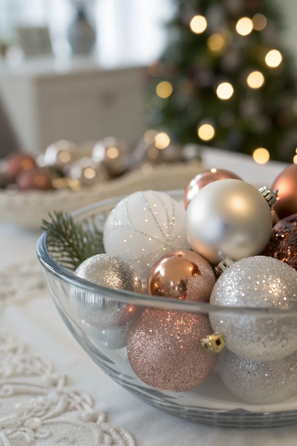 A clear glass bowl filled with mixed matte, shiny, and frosted ornaments on a modern table.
