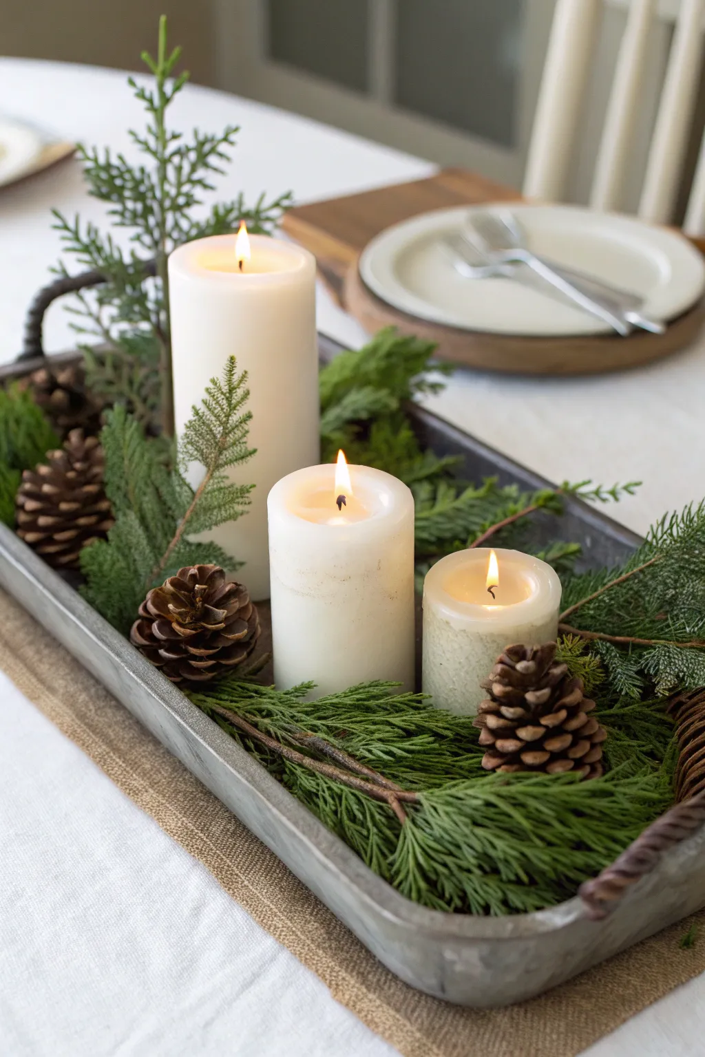 A tray with candles of different heights surrounded by evergreen sprigs on a winter table.