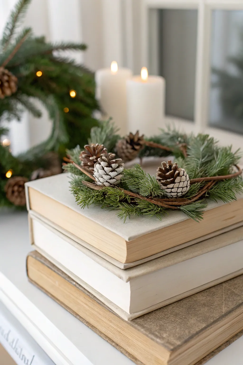 Neutral coffee table books stacked with a small Christmas wreath placed on top.