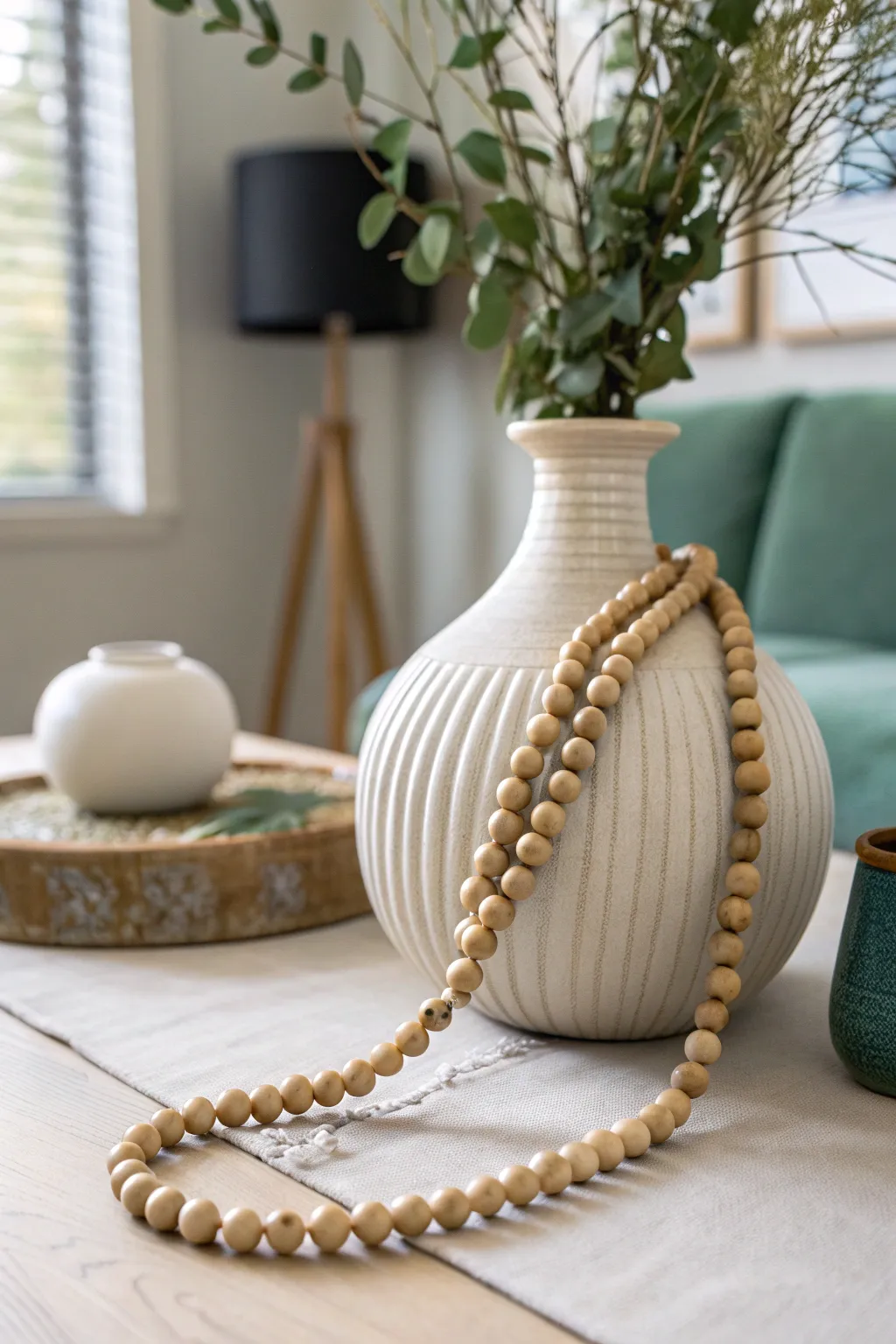 A ceramic vase with a wooden bead garland draped loosely around its base on a table.