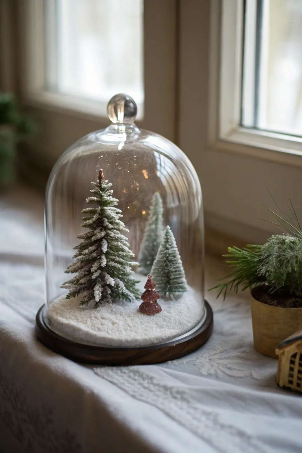 A glass cloche covering a tiny winter scene with faux snow and a small tree or house ornament.