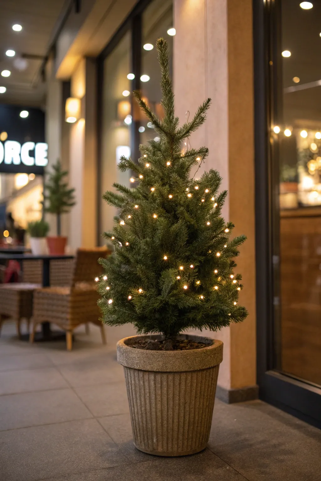 A small potted Christmas tree decorated with warm soft LED lights on a table.