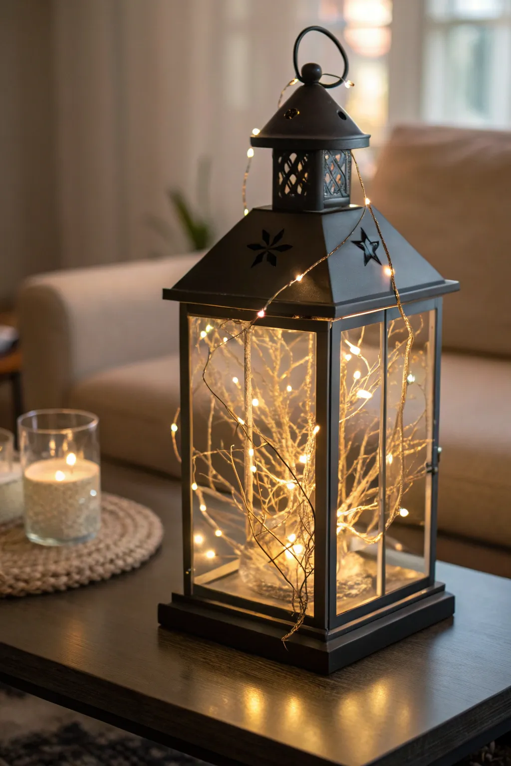A lantern filled with warm LED string lights glowing softly on a winter table.
