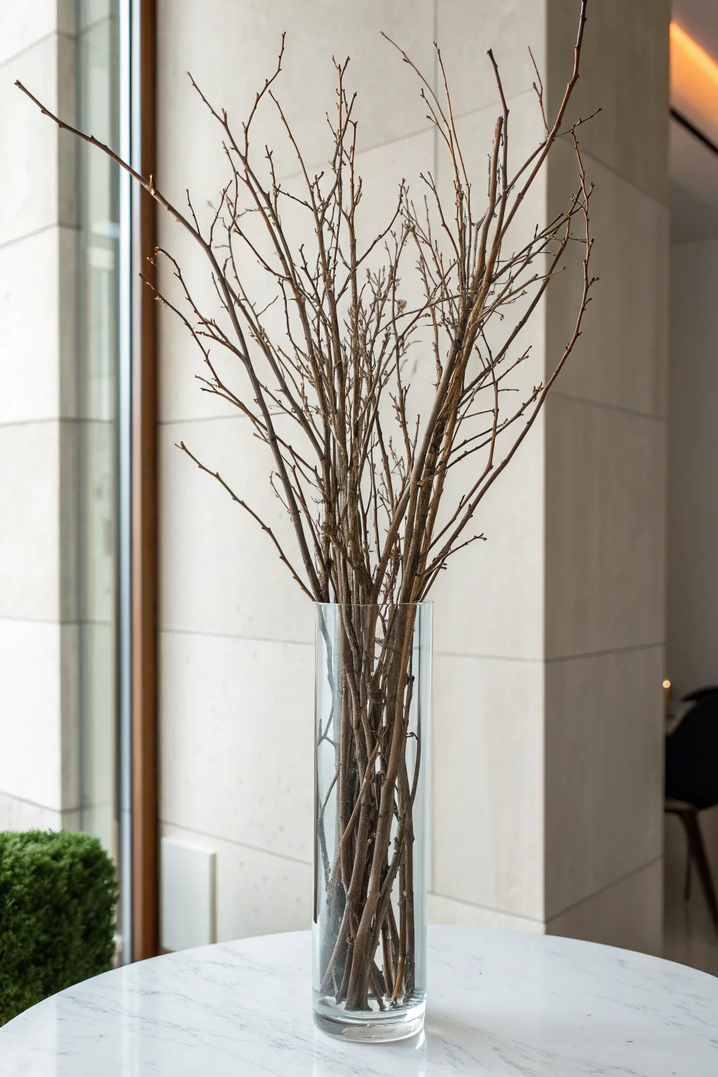 A tall vase holding bare winter branches on a minimalist tabletop.