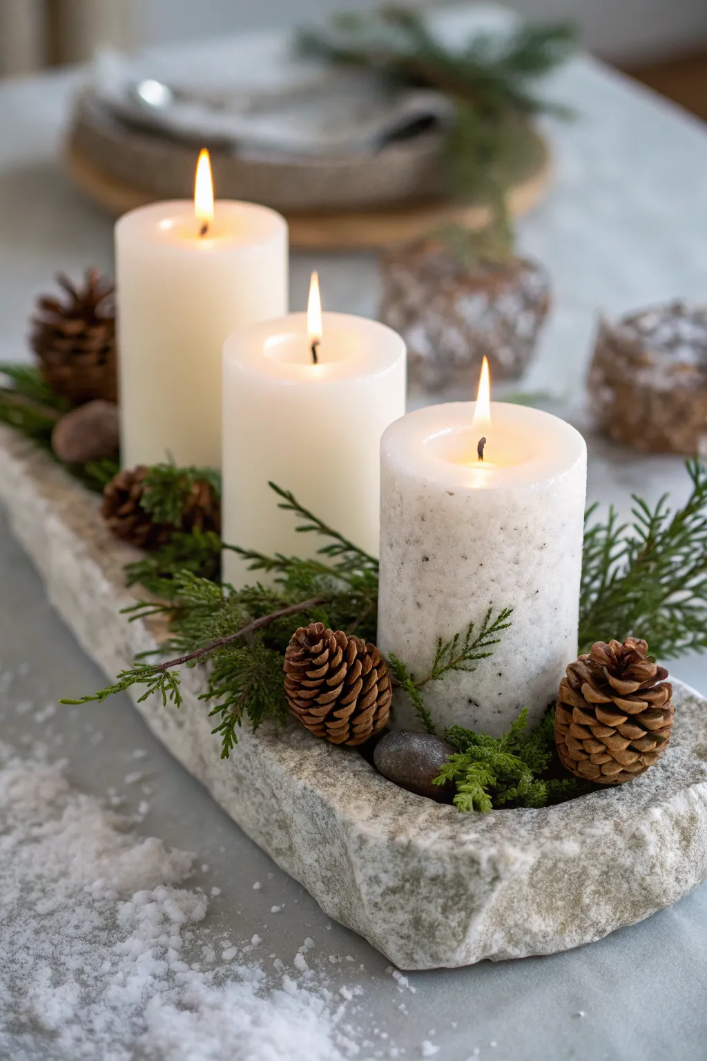 Three winter candles arranged on a stone or marble base with a minimal touch of greenery.