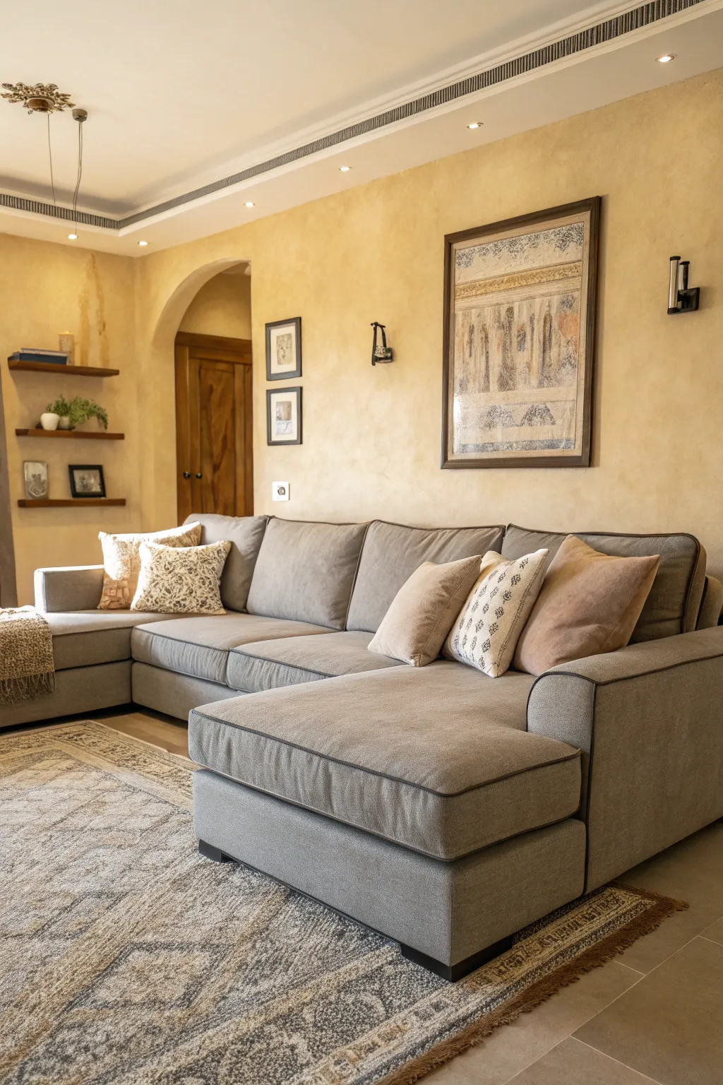 Gray and beige sectional sofa with taupe pillows in a neutral living room.