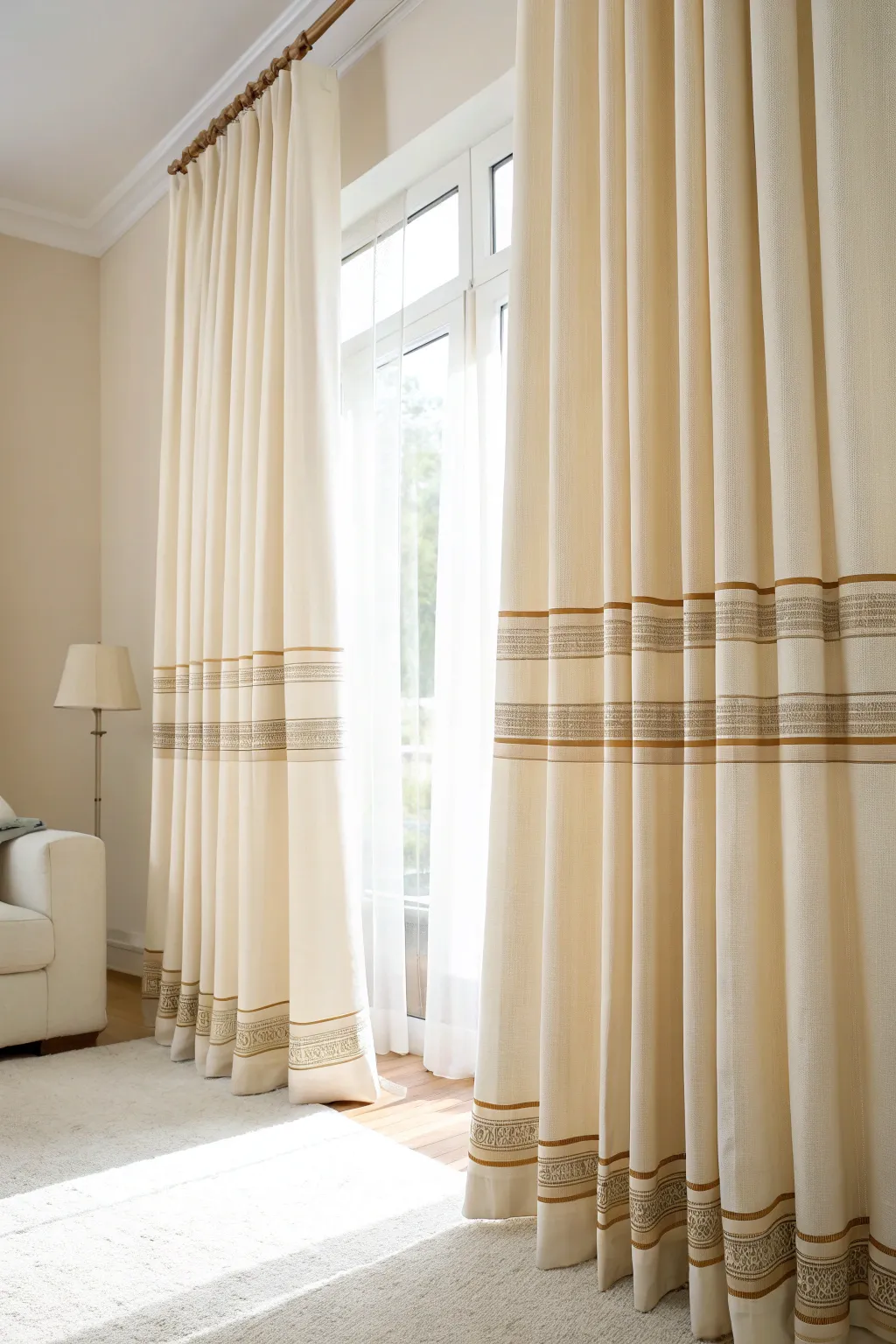 Light cream curtains with subtle beige striping filtering soft daylight.