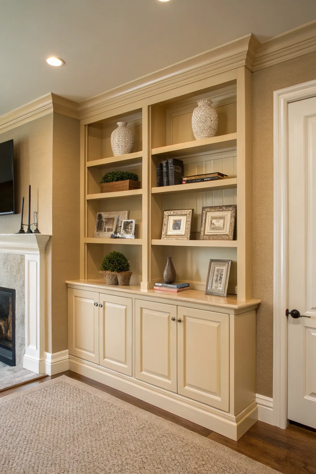 Warm beige built-in shelves with minimal decor creating an open, calm look.