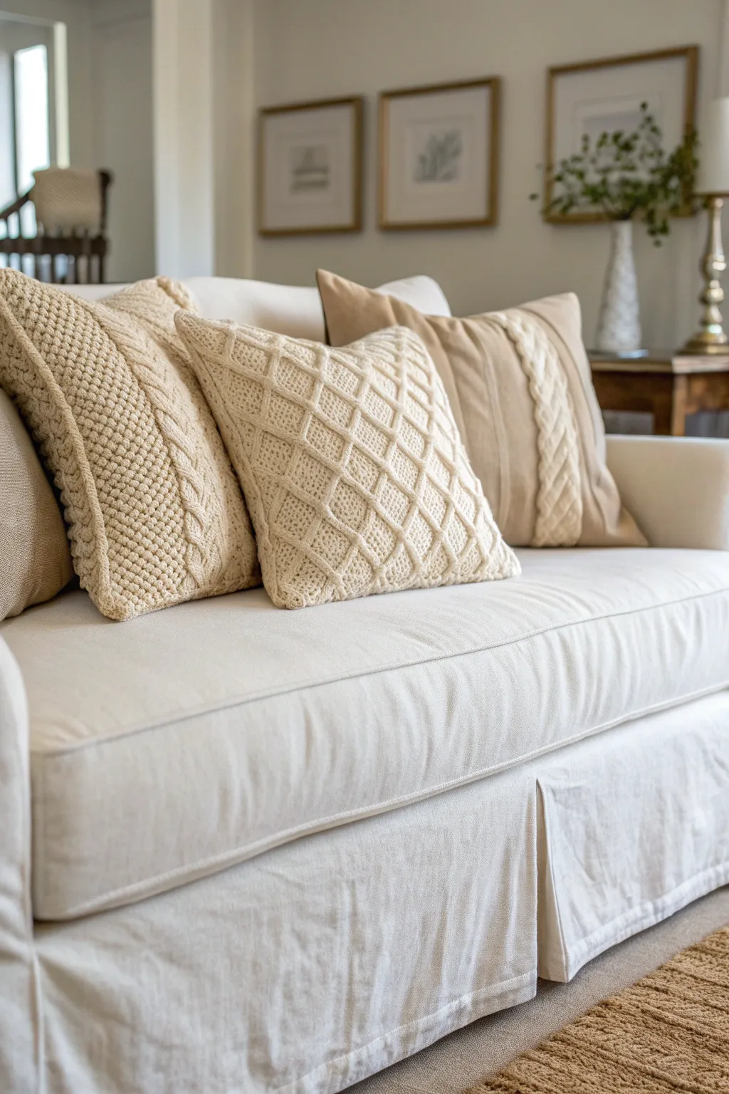 Cream slipcovered sofa with beige knit pillows in a soft neutral living room.