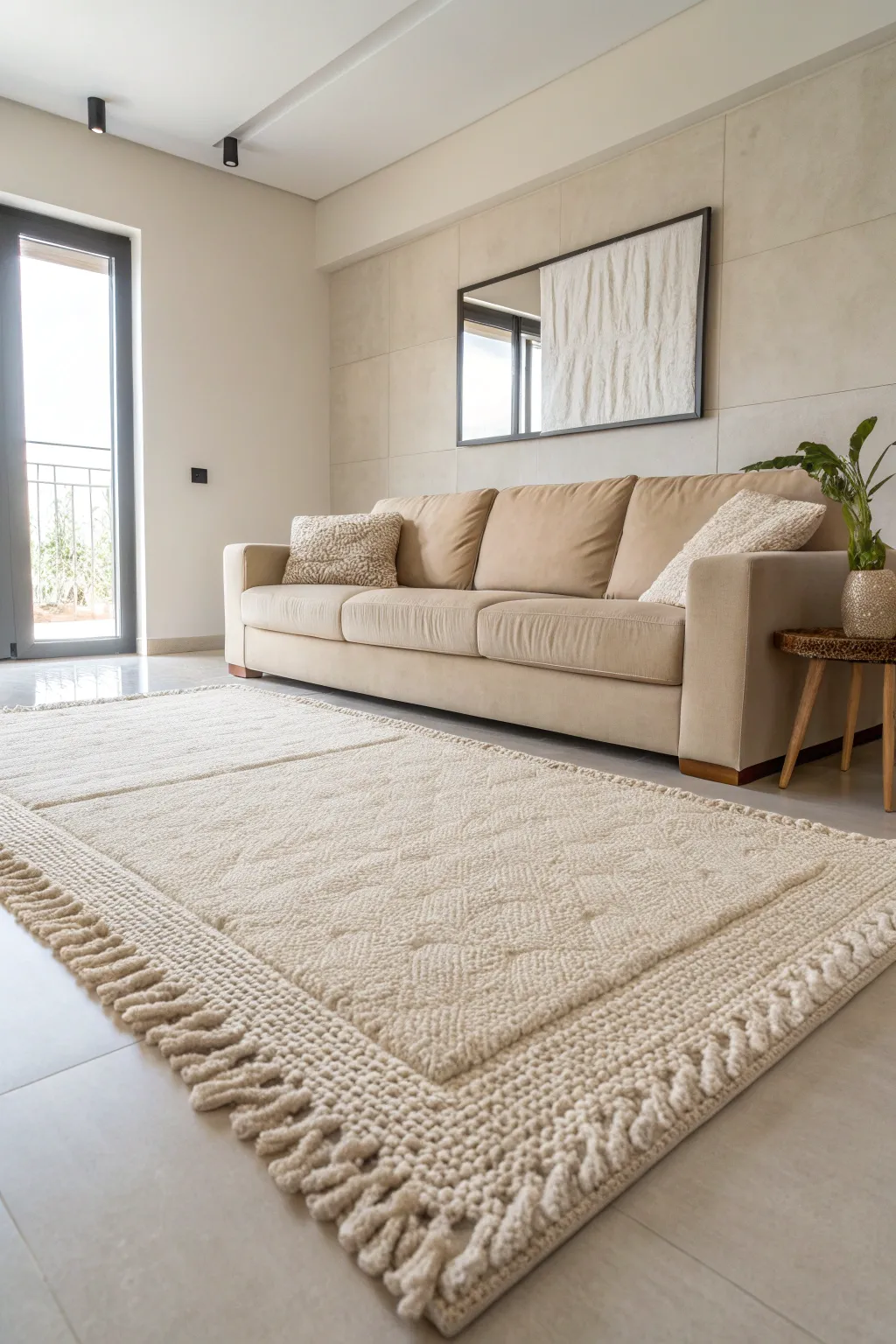 Cream area rug placed under a modern beige sofa in a bright neutral living room.