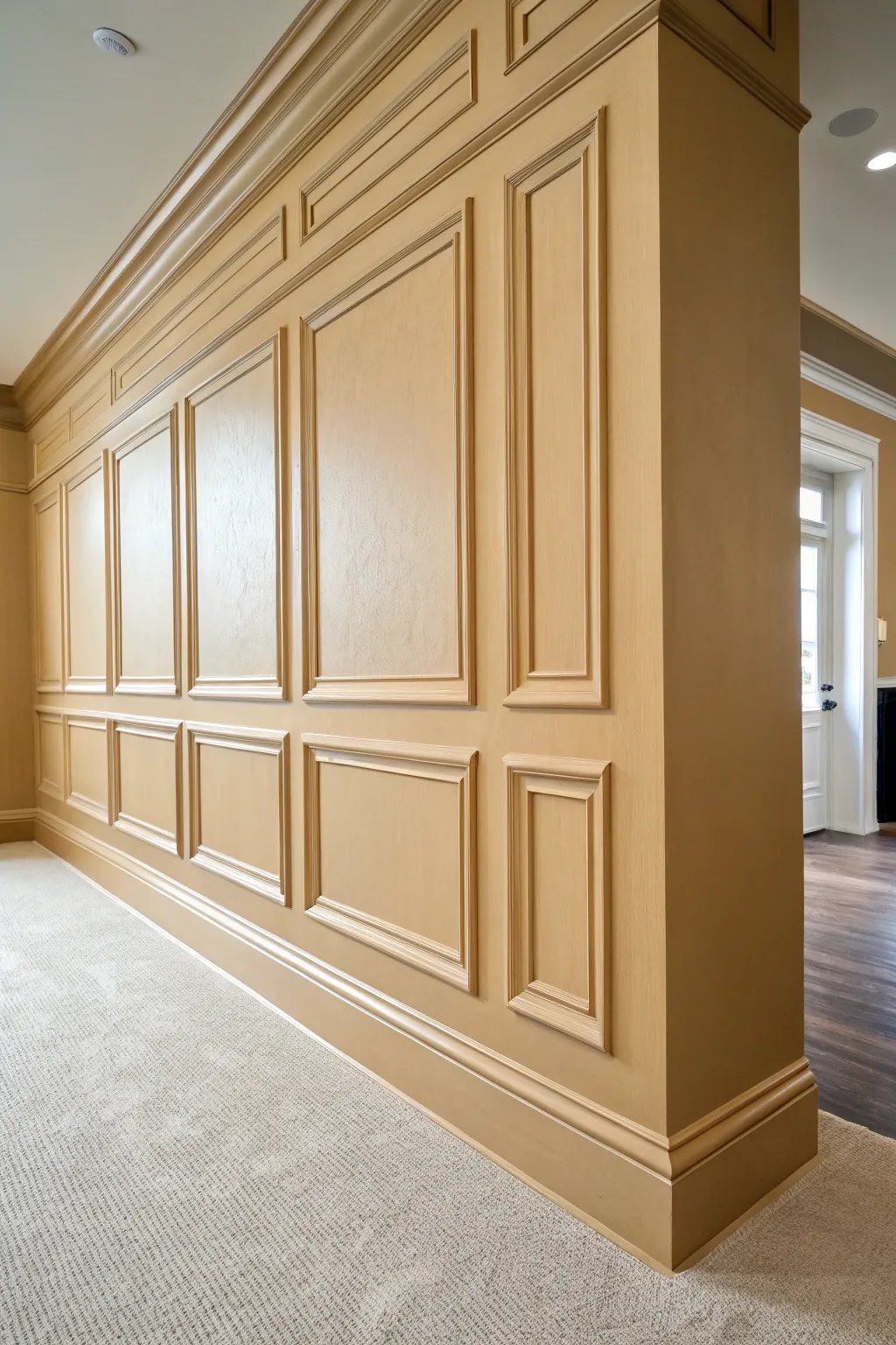 Warm beige paneled accent wall adding subtle structure to a neutral room.