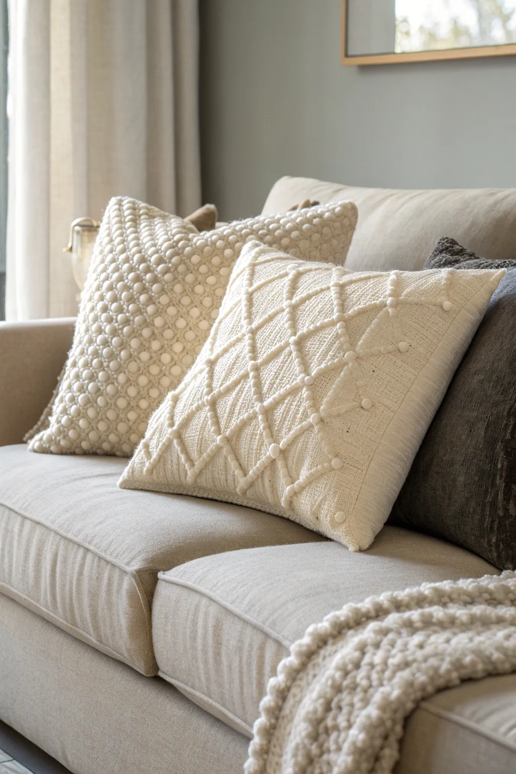 Cream textured pillows arranged on a gray-and-beige couch.