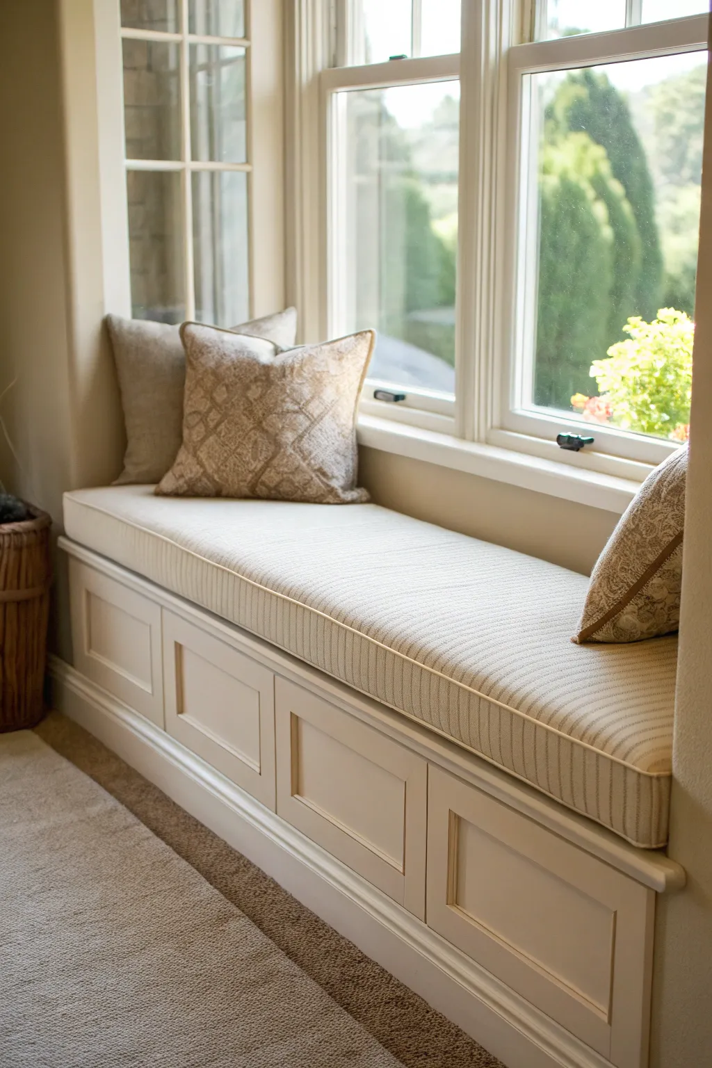 Beige window bench with a soft cushion in a quiet, warmly lit living room.