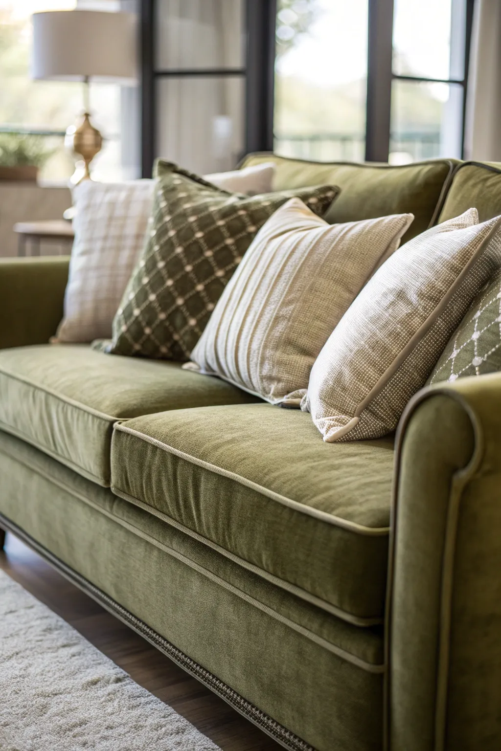 Olive Green Sofa with Neutral Throw Pillows