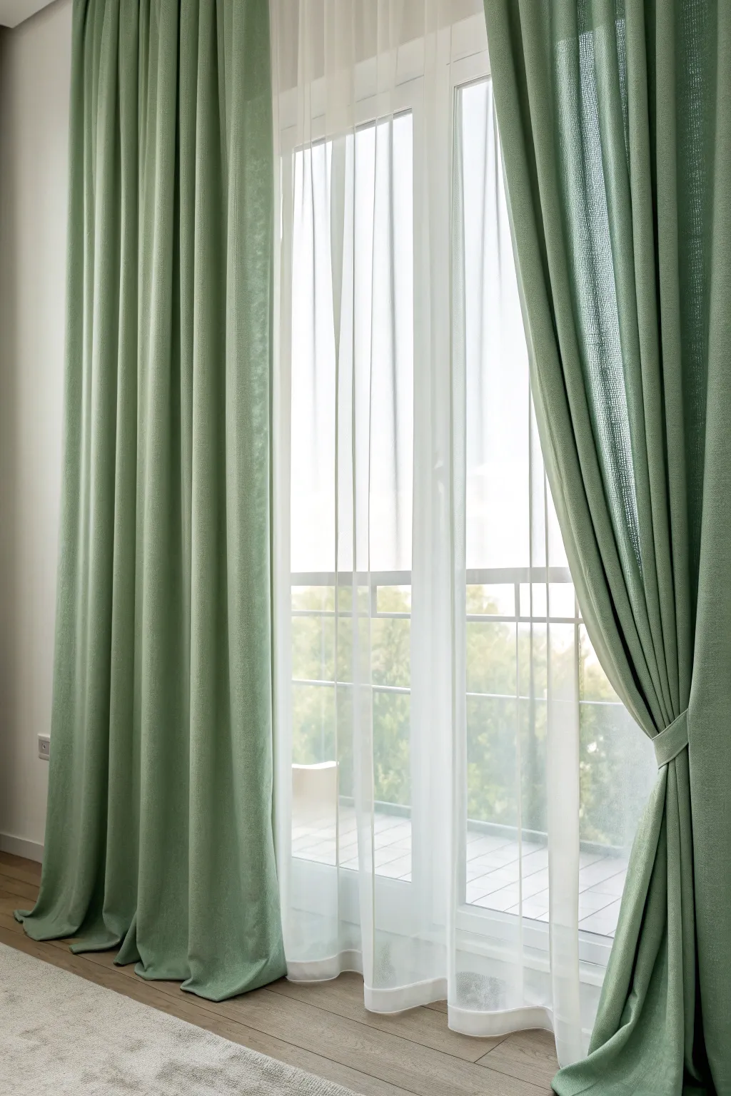 Muted Green Curtains Paired with Sheer Panels