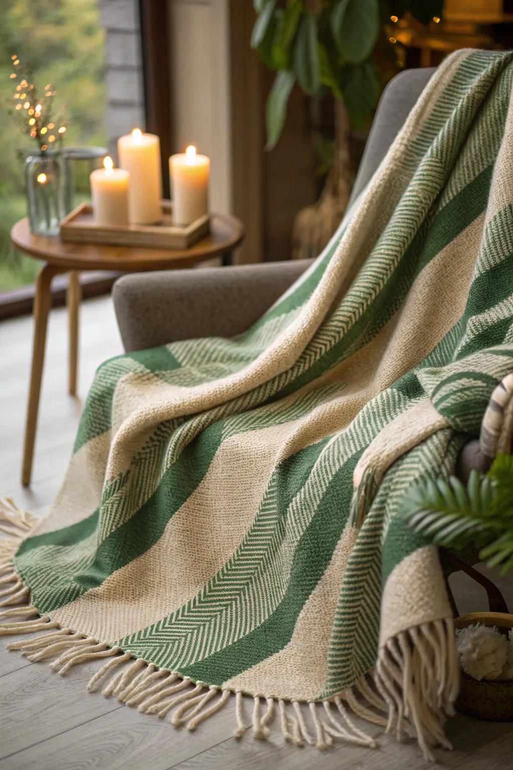 Green and Beige Striped Throw Blanket