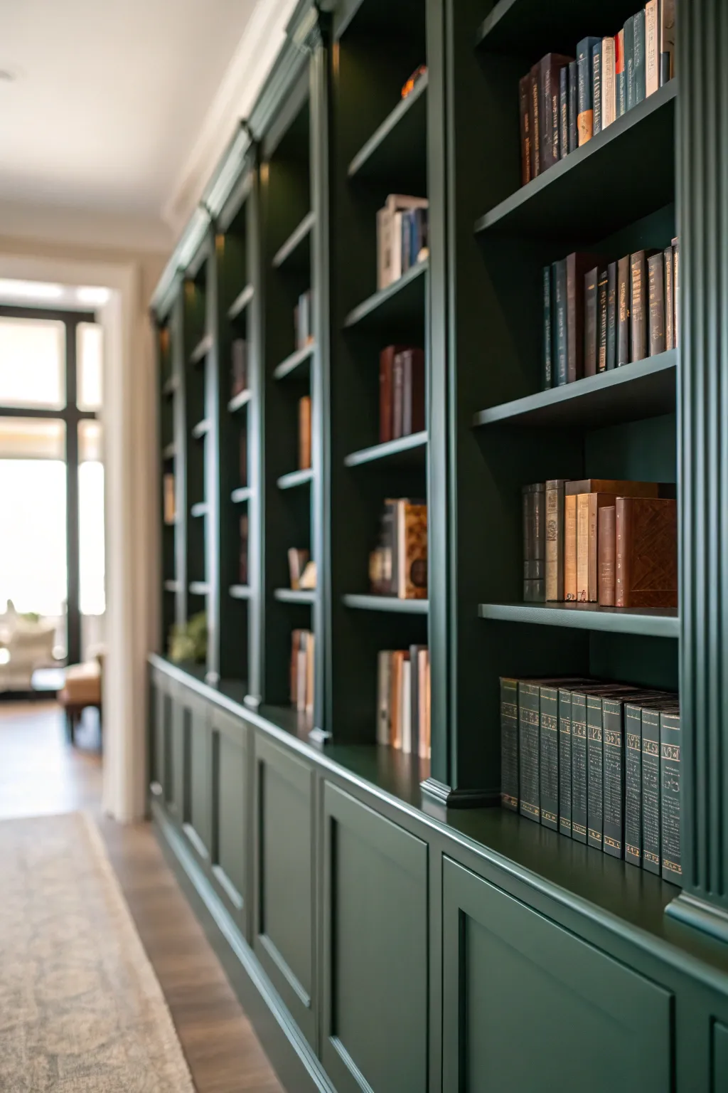 Dark Green Built-In Bookshelves