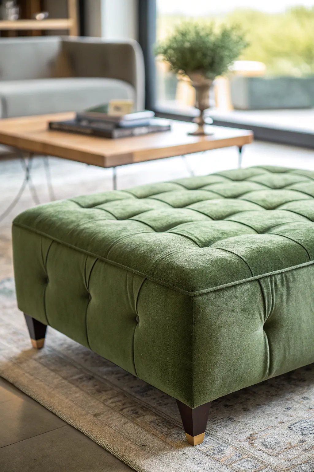 Soft Moss Green Ottoman as a Coffee Table Alternative