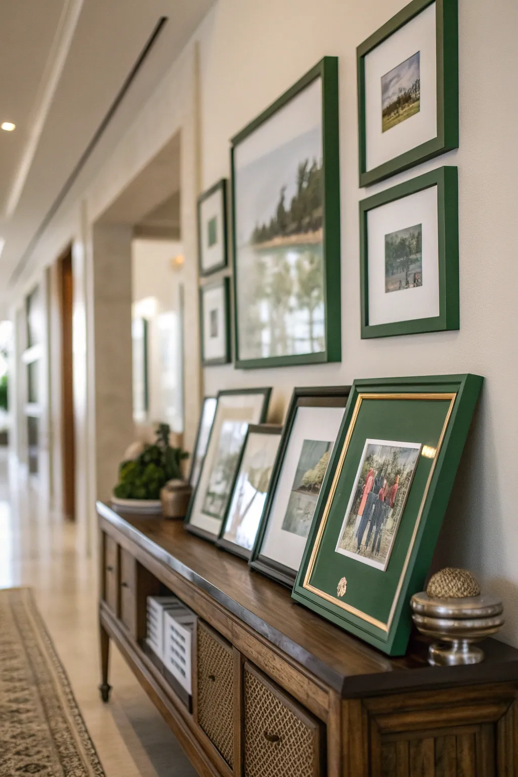 Green Framed Gallery Wall Over a Console Table