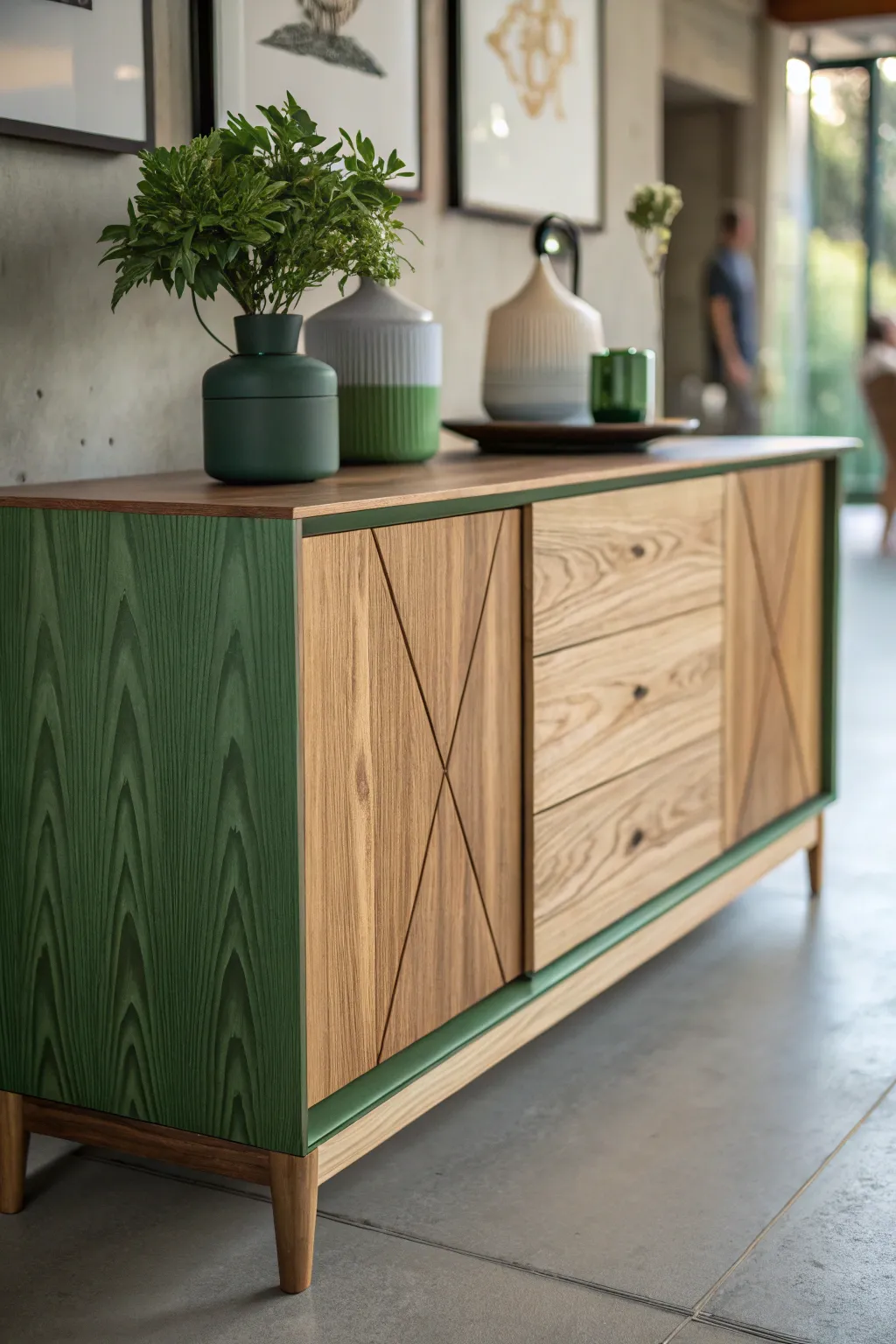 Green and Natural Wood Sideboard Display