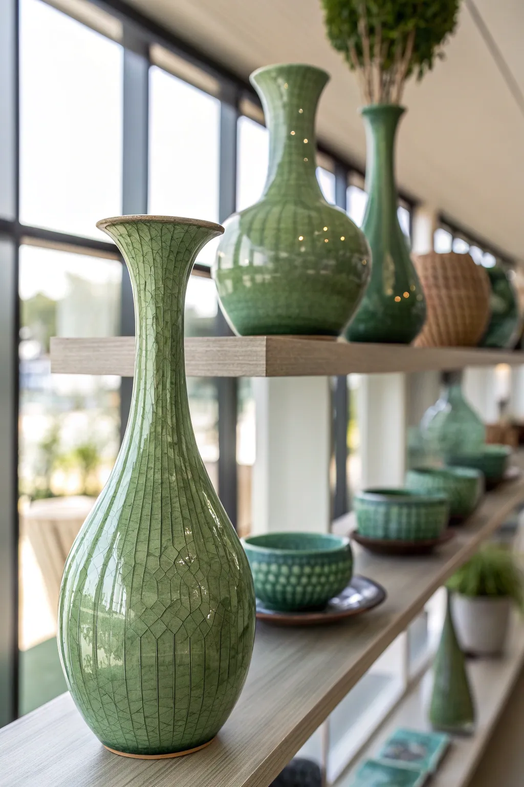 Green Ceramic Vases on Floating Shelves