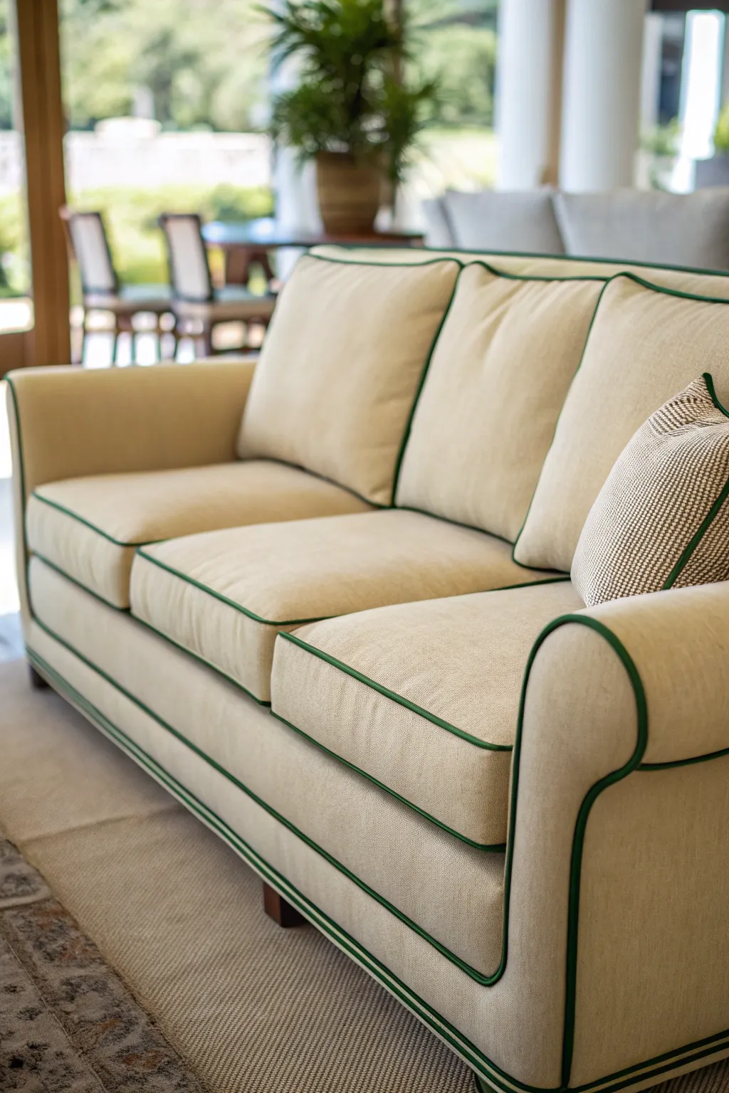 Beige Sectional with Green Piped Edges