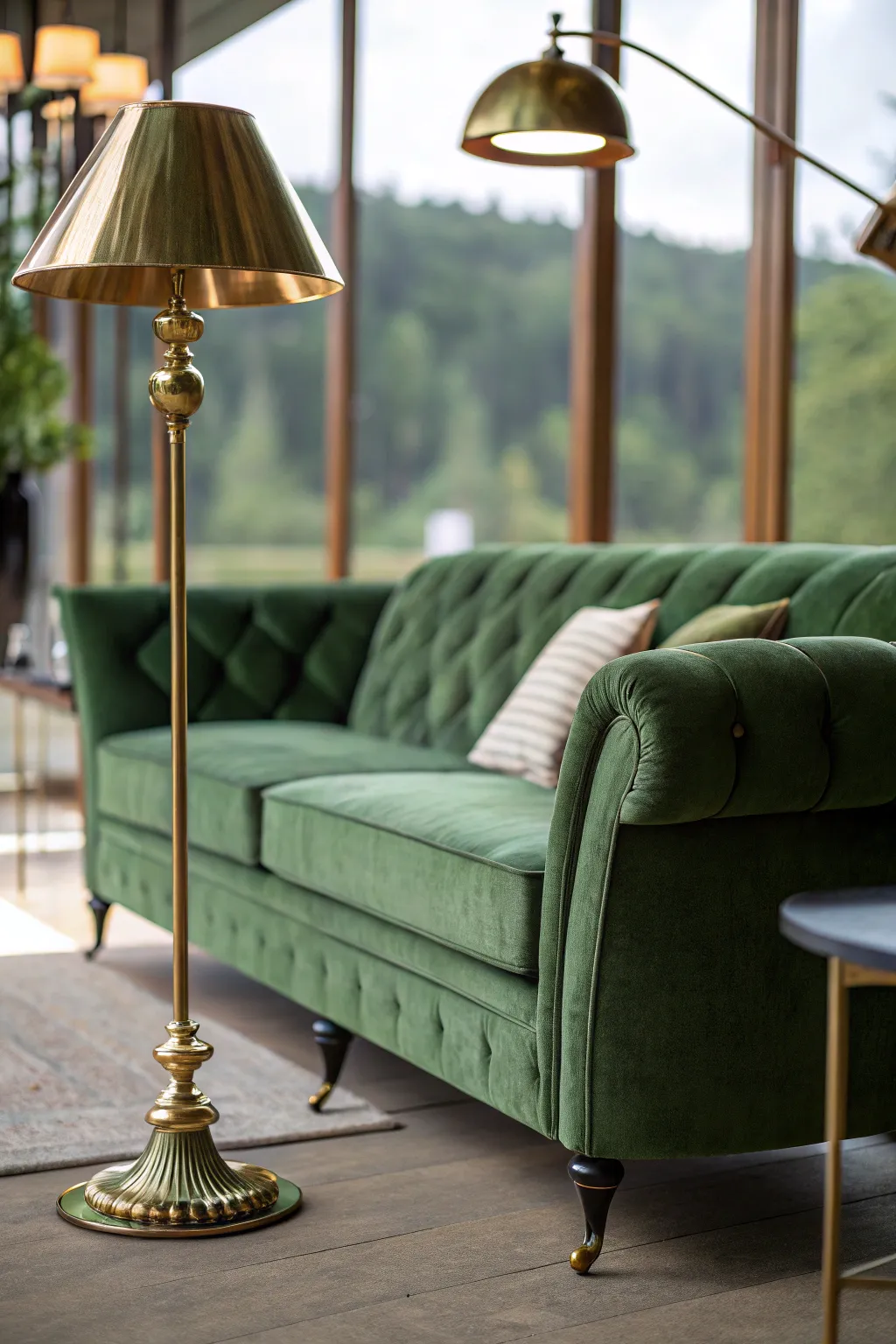 Forest Green Sofa Paired with Brass Floor Lamps