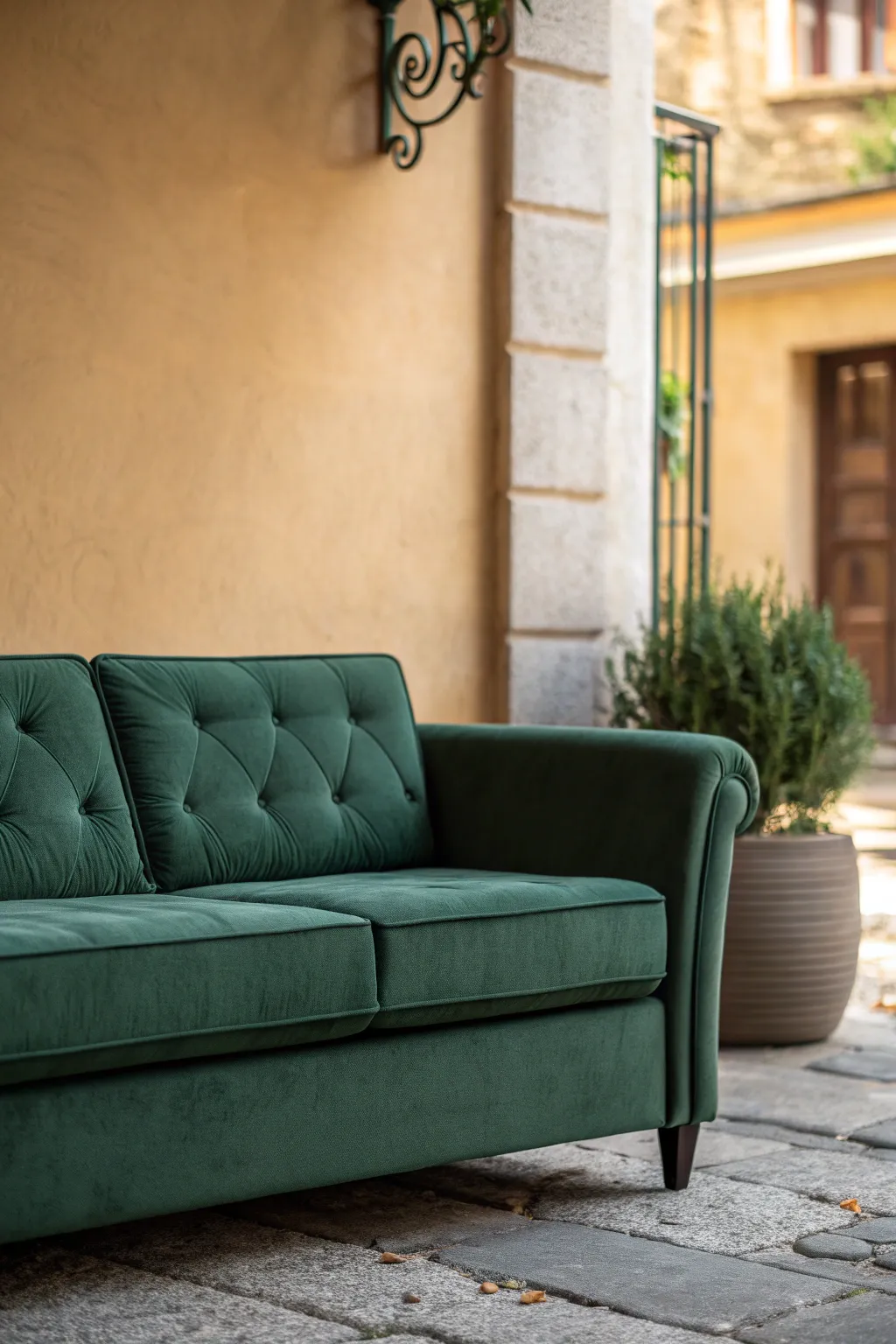 Dark Green Sofa Against a Warm Taupe Wall