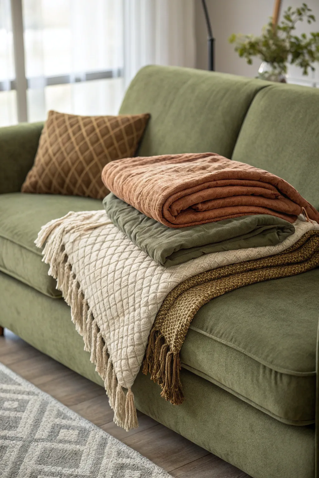 Olive Green Couch with Layered Earth-Toned Throw Blankets