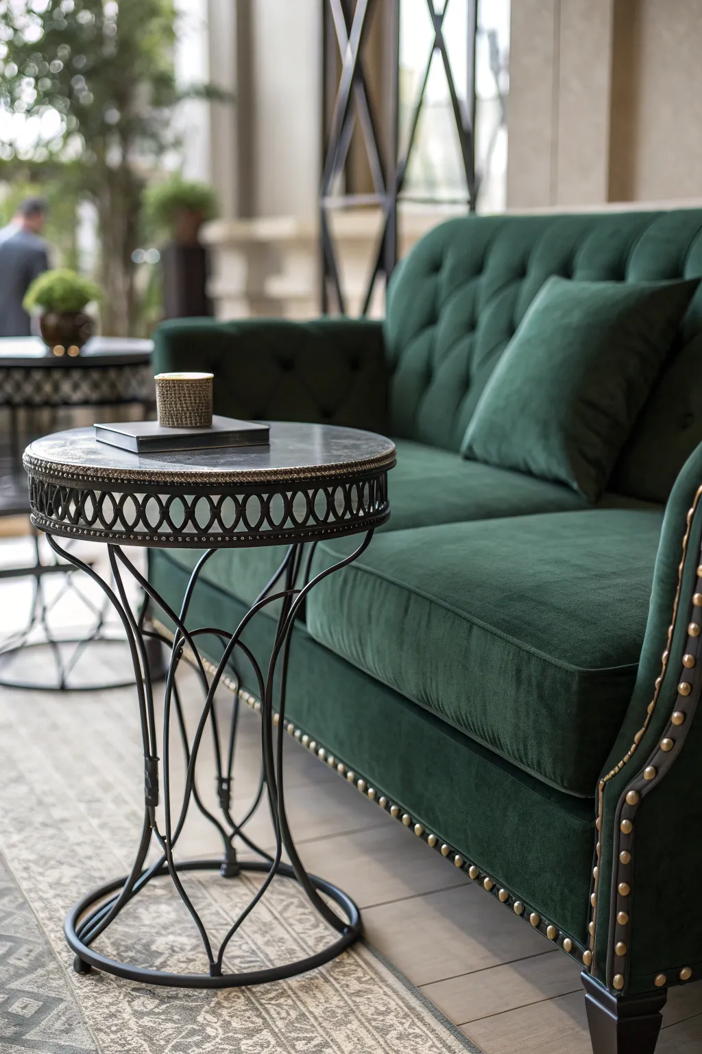 Dark Green Couch with Black Metal Accent Tables