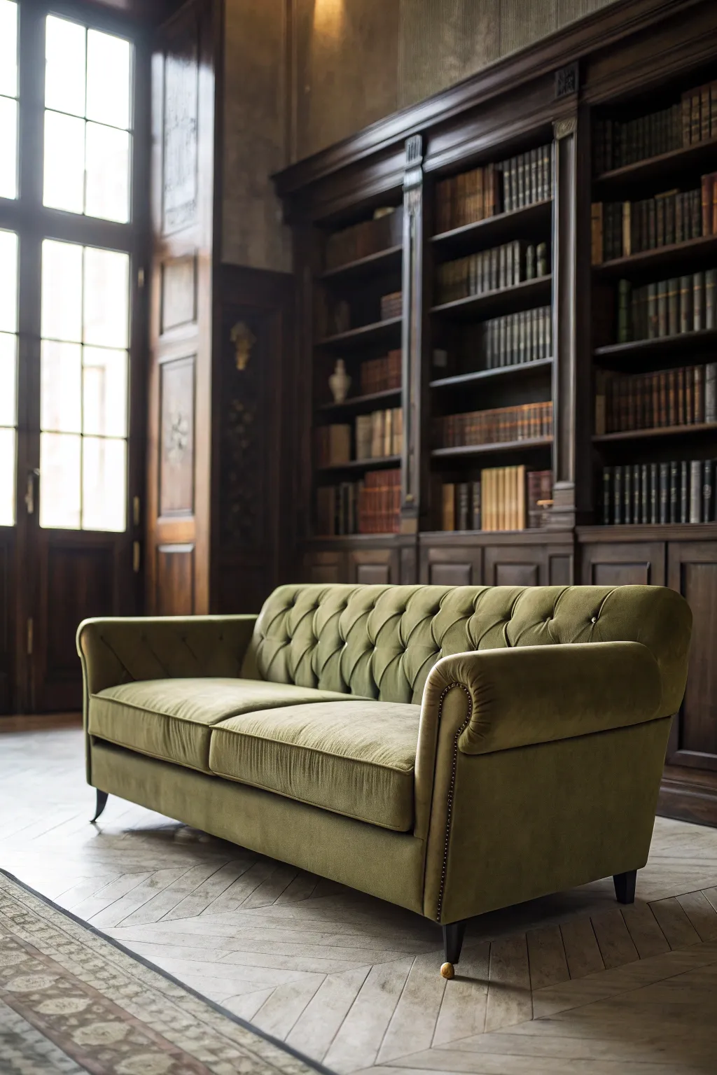 Olive Sofa with Dark Wood Bookshelves