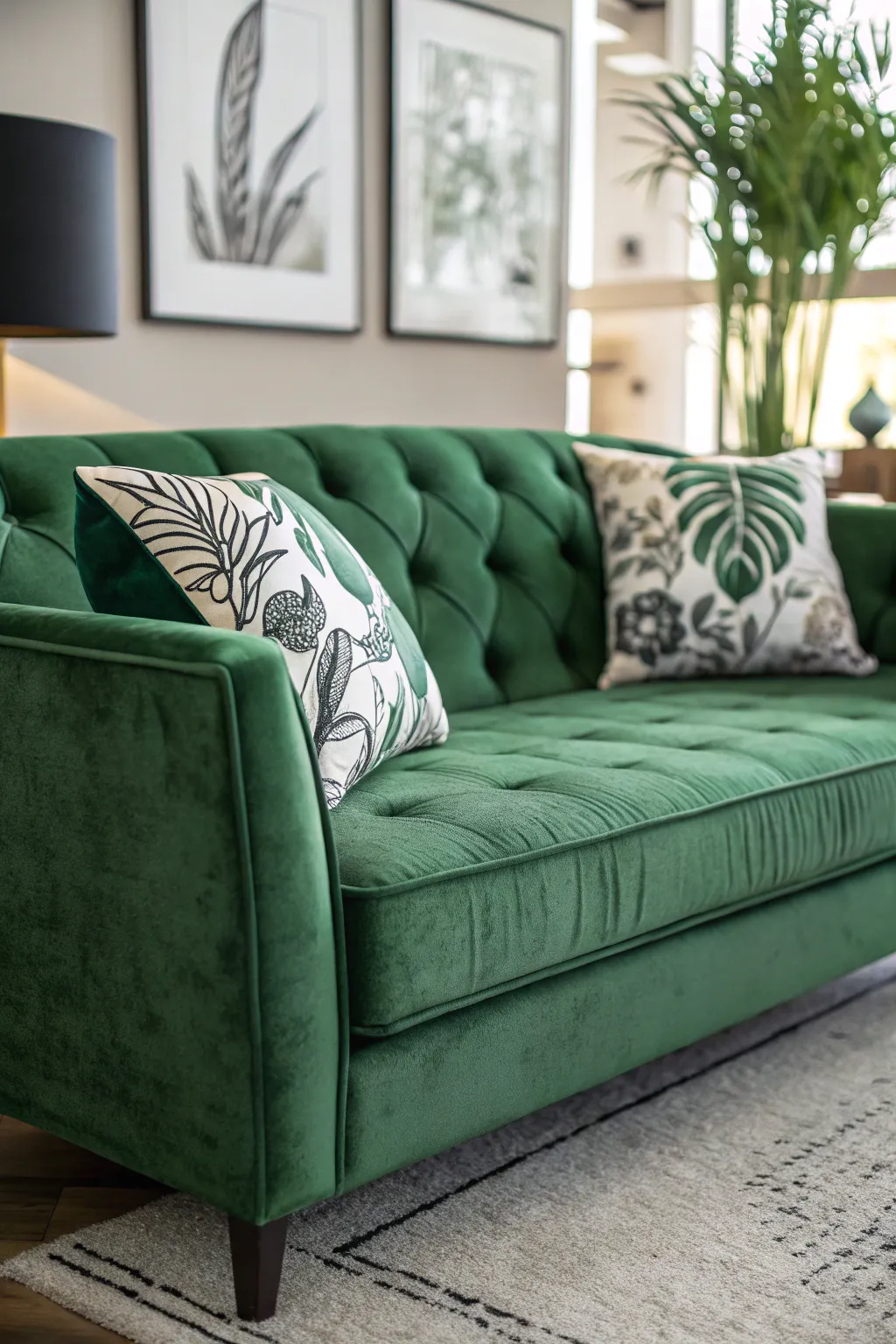Green Velvet Couch with Monochrome Green Artwork