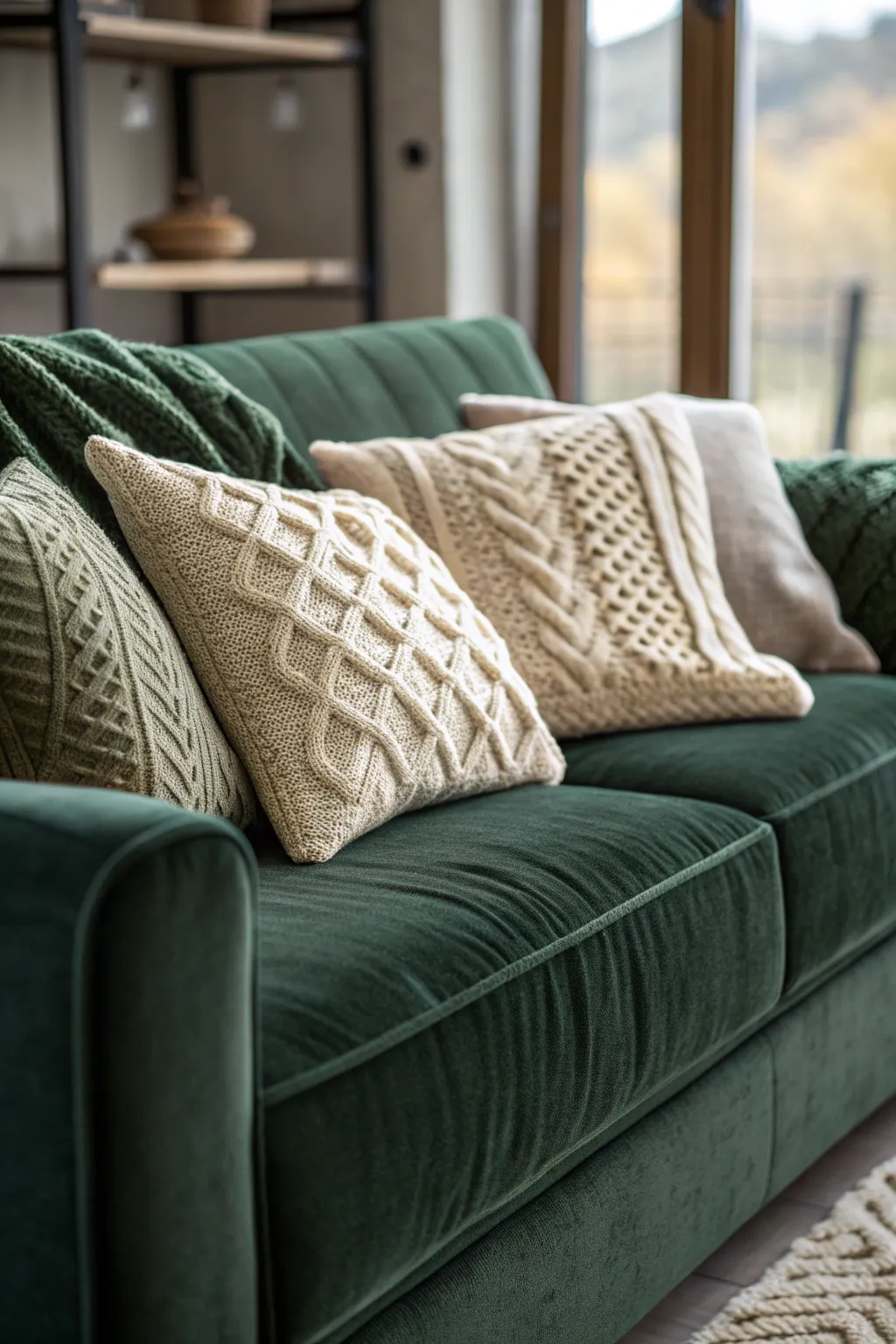 Dark Green Sofa with Cozy Textured Knit Pillows