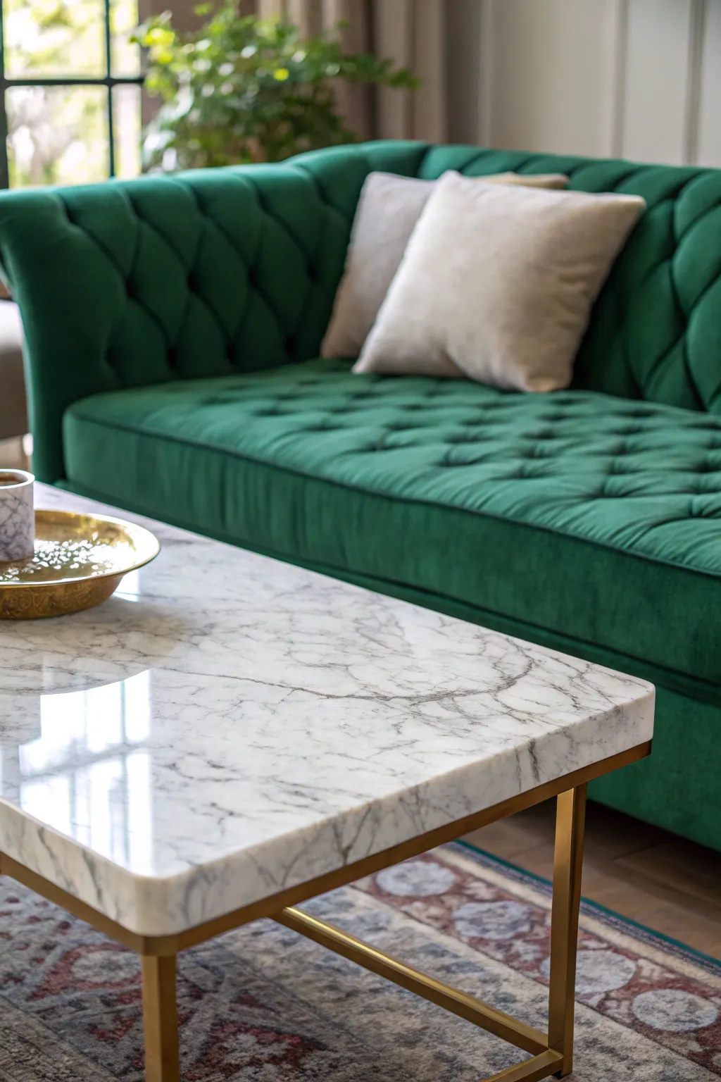 Emerald Couch with Marble Coffee Table