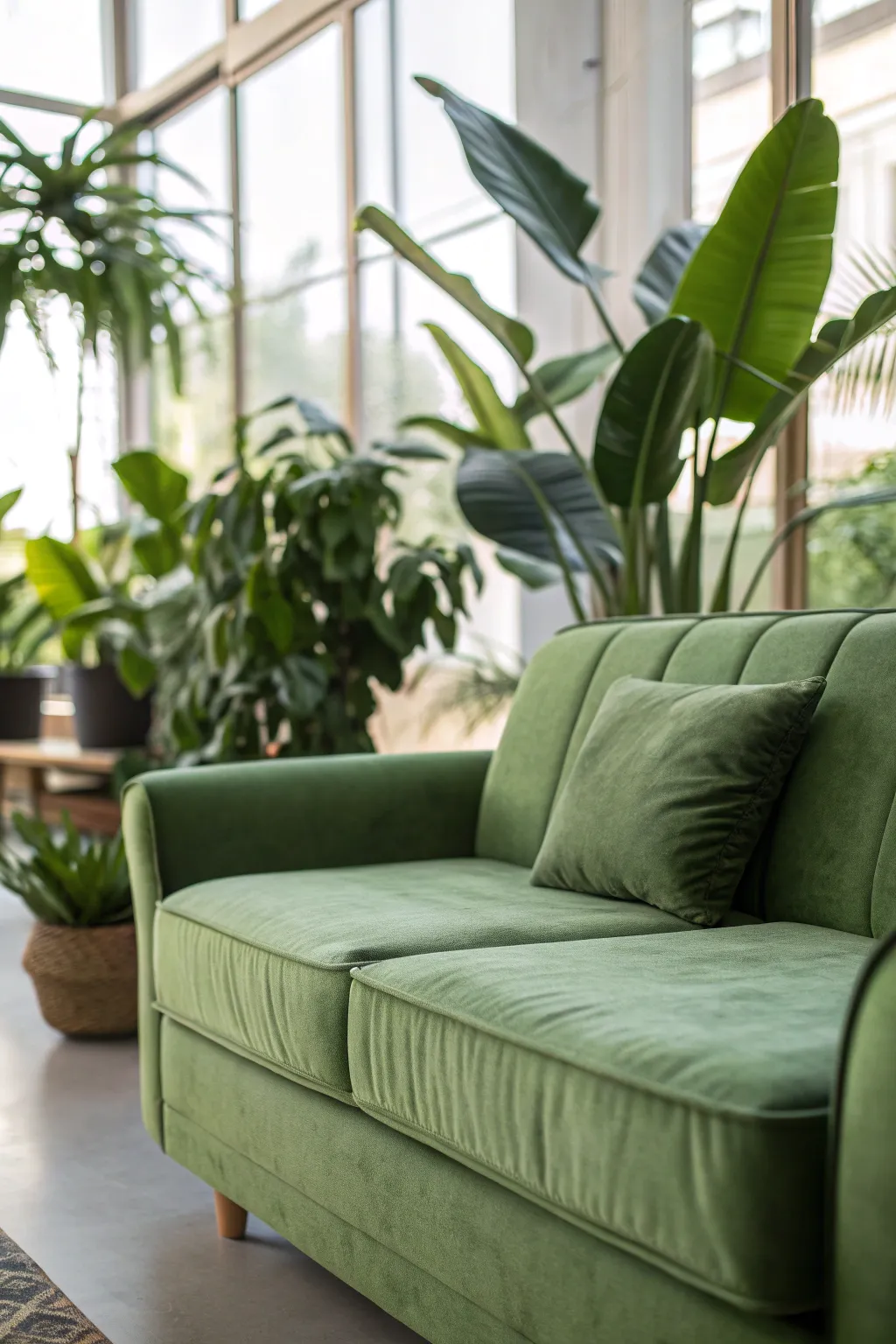 Green Sofa with Large Indoor Plants Nearby
