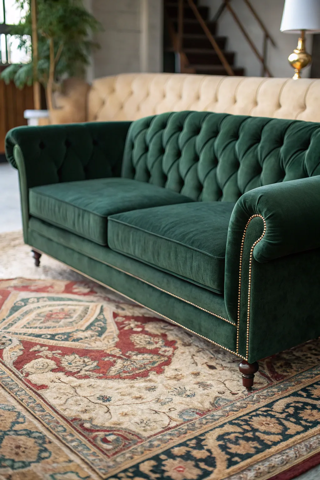 Dark Green Velvet Sofa with a Vintage Patterned Rug