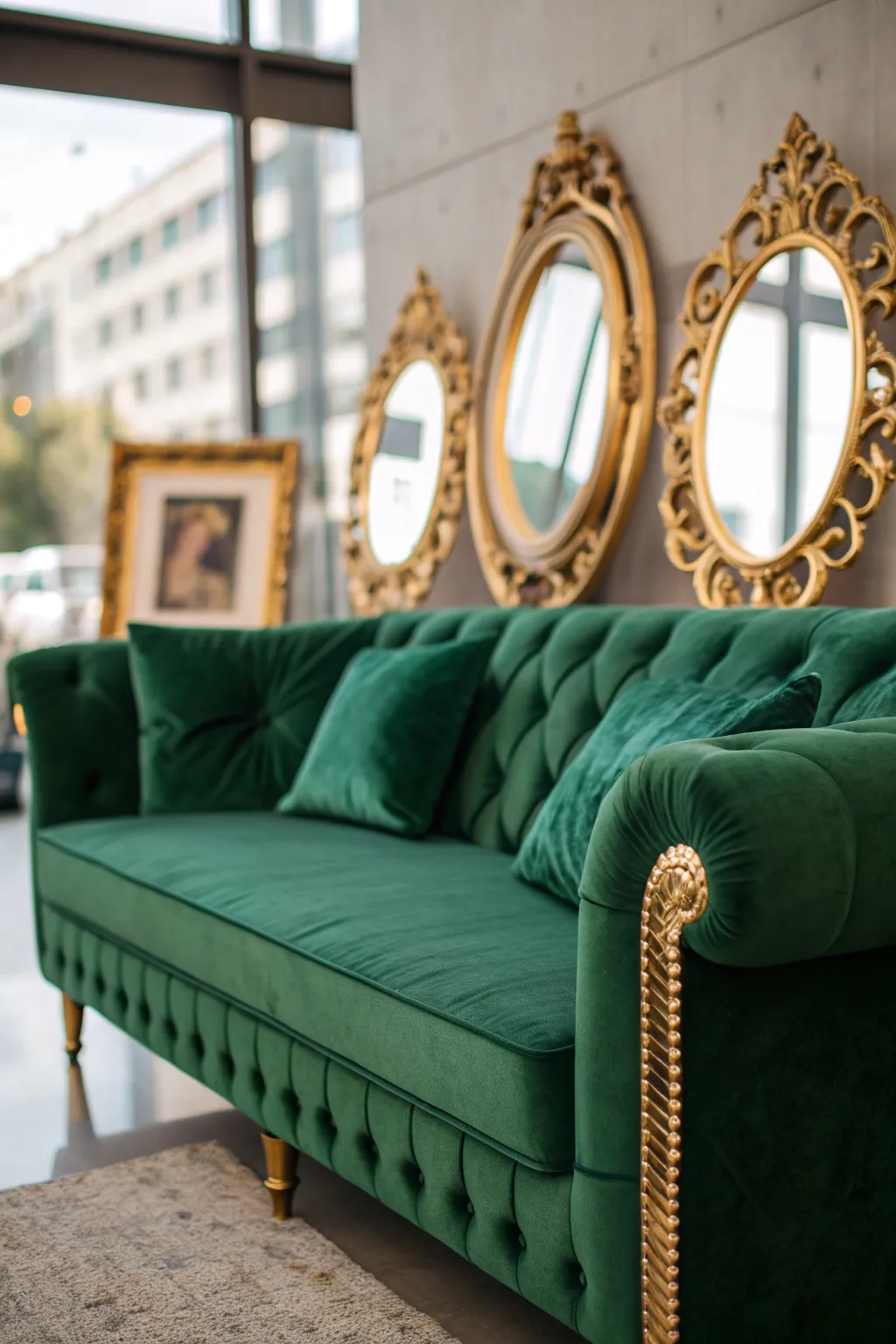 Emerald Green Sofa with Gold-Framed Mirrors